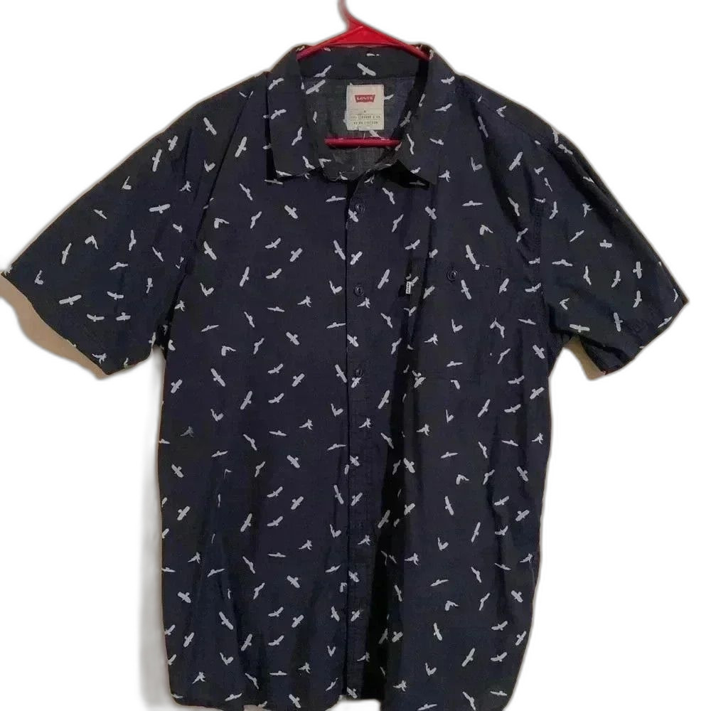 American Eagle Mens Short Sleeve Button Up Navy with White Eagles